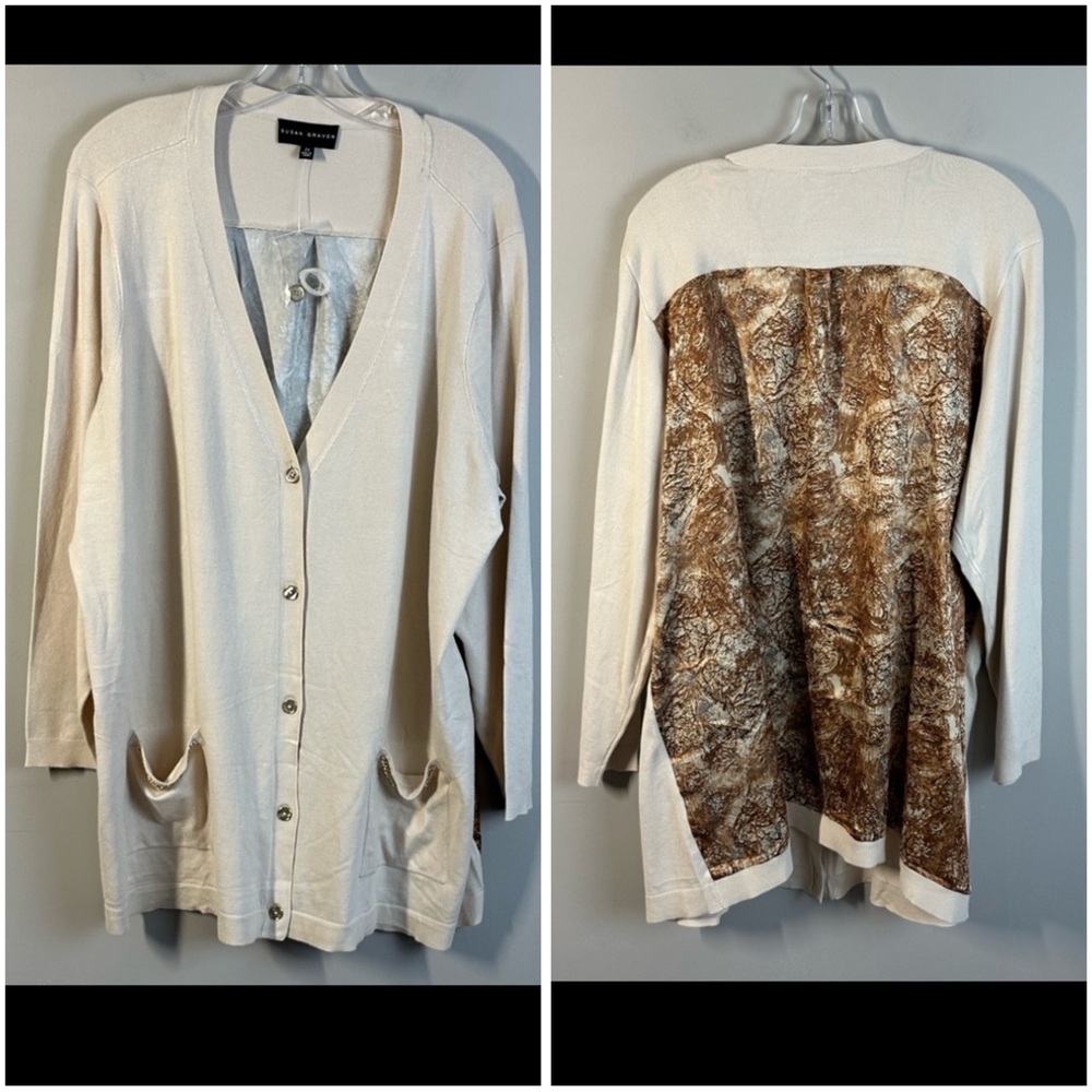 NWOT Susan Graver V-Neck Long Sleeve Cardigan Satin Back Size 2X
